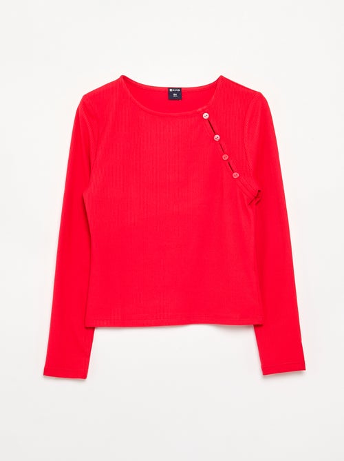 T-shirt lisa em malha canelada com ombro abotoado - Kiabi