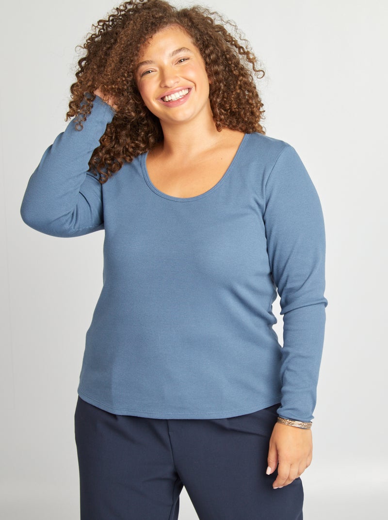 T-shirt lisa em malha nervurada AZUL - Kiabi