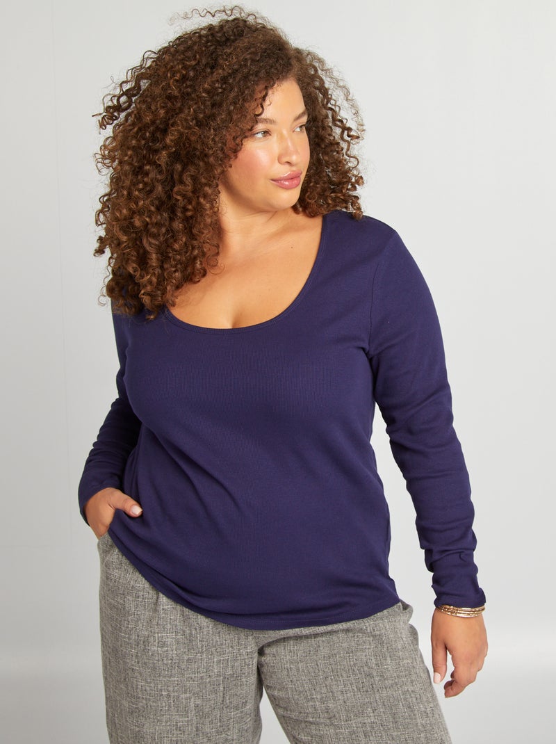 T-shirt lisa em malha nervurada Azul - Kiabi