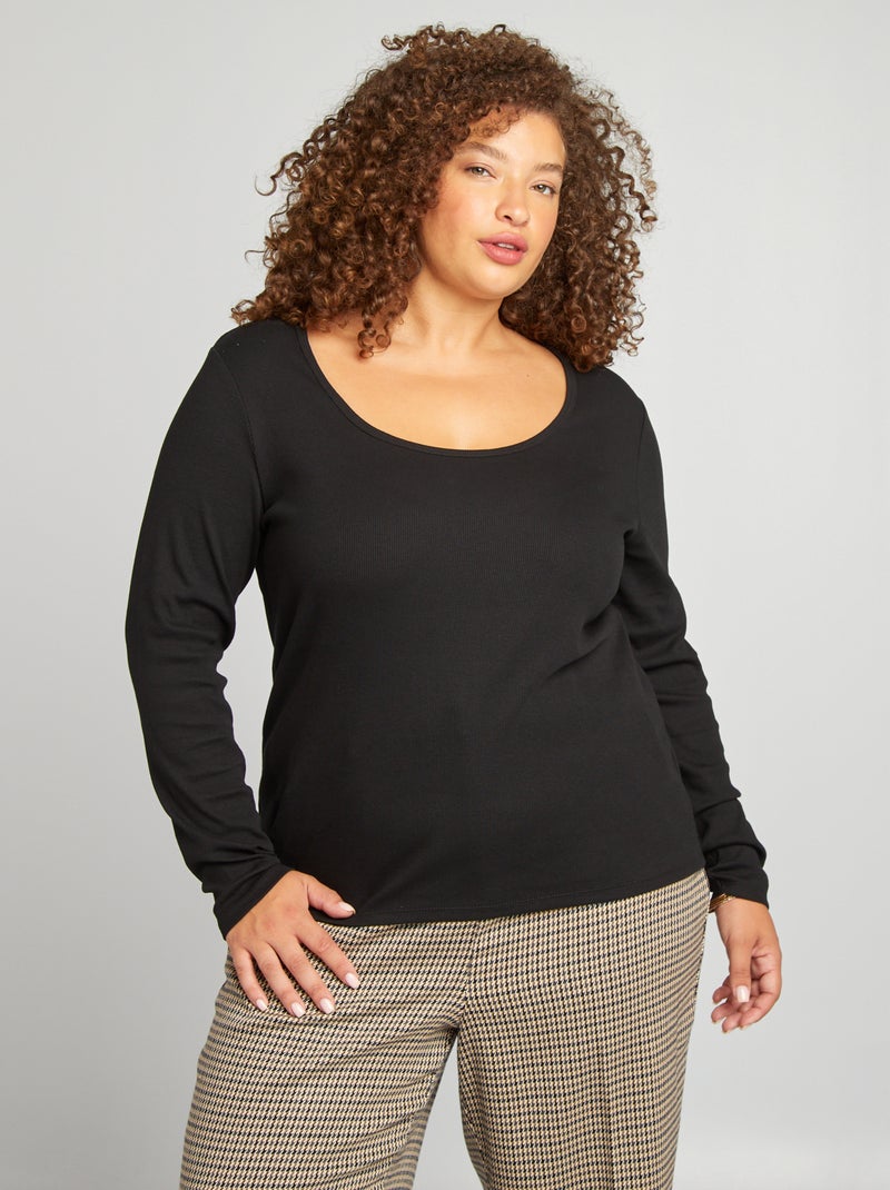 T-shirt lisa em malha nervurada Preto - Kiabi