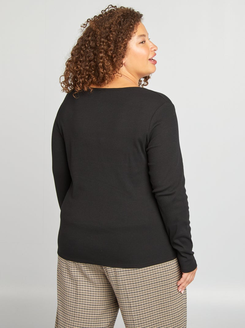 T-shirt lisa em malha nervurada Preto - Kiabi