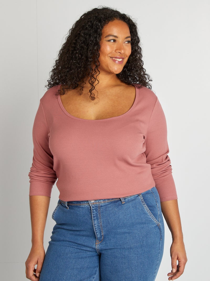 T-shirt lisa em malha nervurada ROSA - Kiabi