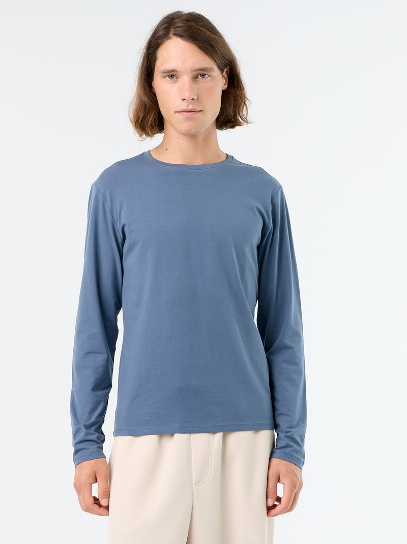T-shirt liso de manga comprida Azul - Kiabi
