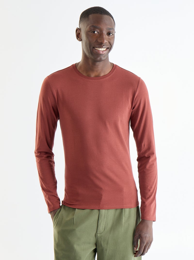 T-shirt liso de manga comprida Castanho - Kiabi