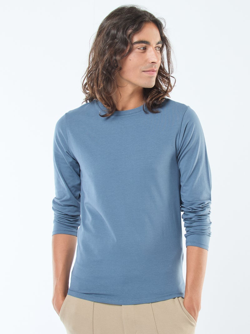 T-shirt liso de manga comprida e gola redonda Azul - Kiabi