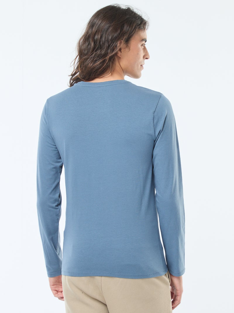 T-shirt liso de manga comprida e gola redonda Azul - Kiabi