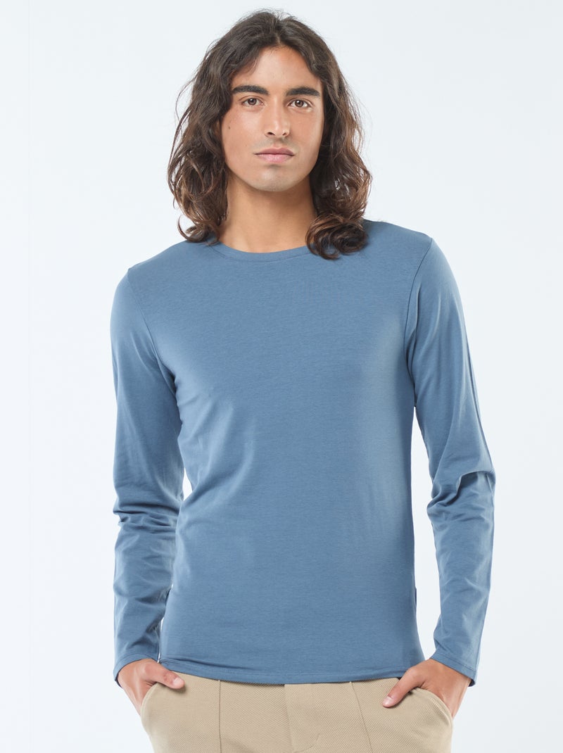 T-shirt liso de manga comprida e gola redonda Azul - Kiabi