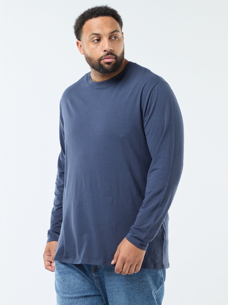 T-shirt liso de manga comprida e gola redonda Azul - Kiabi