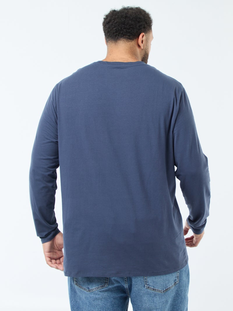 T-shirt liso de manga comprida e gola redonda Azul - Kiabi