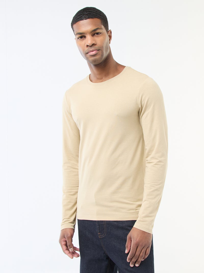 T-shirt liso de manga comprida e gola redonda Bege - Kiabi