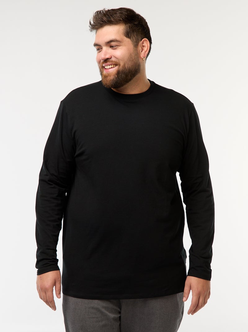 T-shirt liso de manga comprida e gola redonda Preto - Kiabi