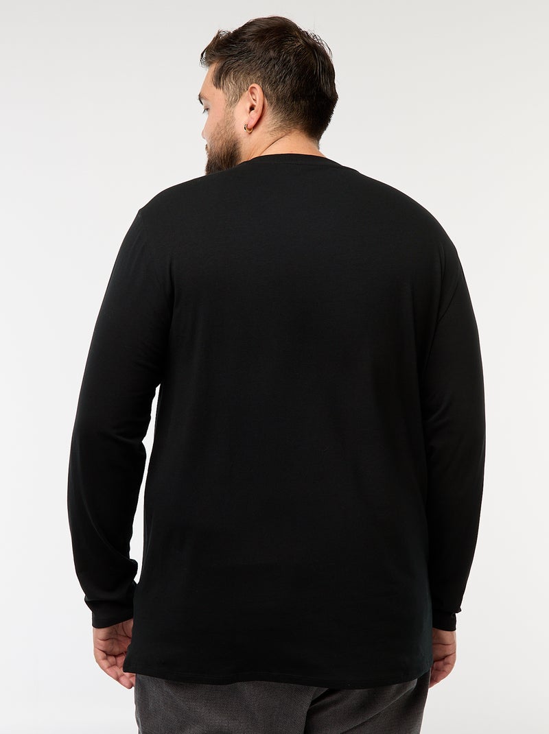 T-shirt liso de manga comprida e gola redonda Preto - Kiabi