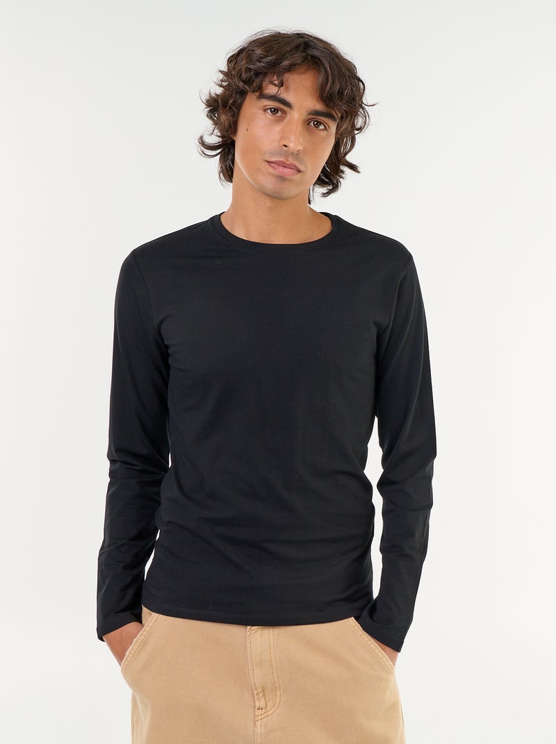 T-shirt liso de manga comprida Preto - Kiabi