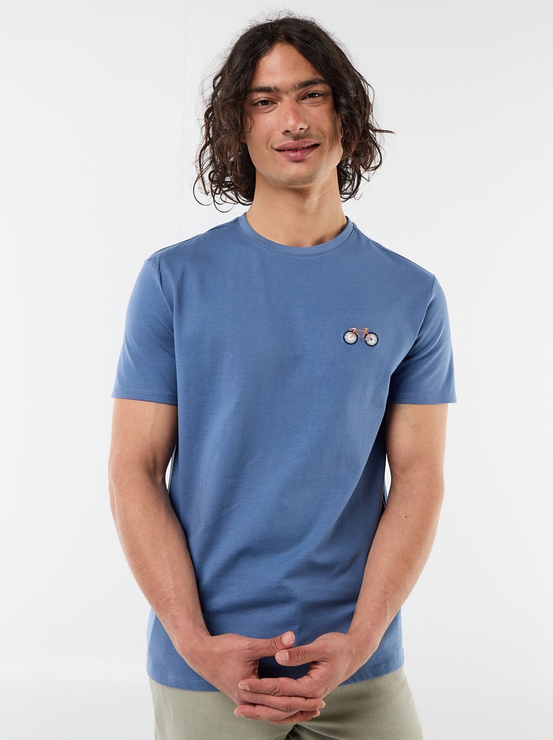 T-shirt liso de manga curta com bordado Azul - Kiabi