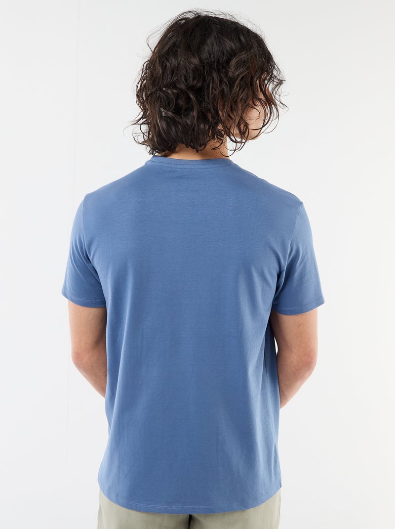 T-shirt liso de manga curta com bordado Azul - Kiabi