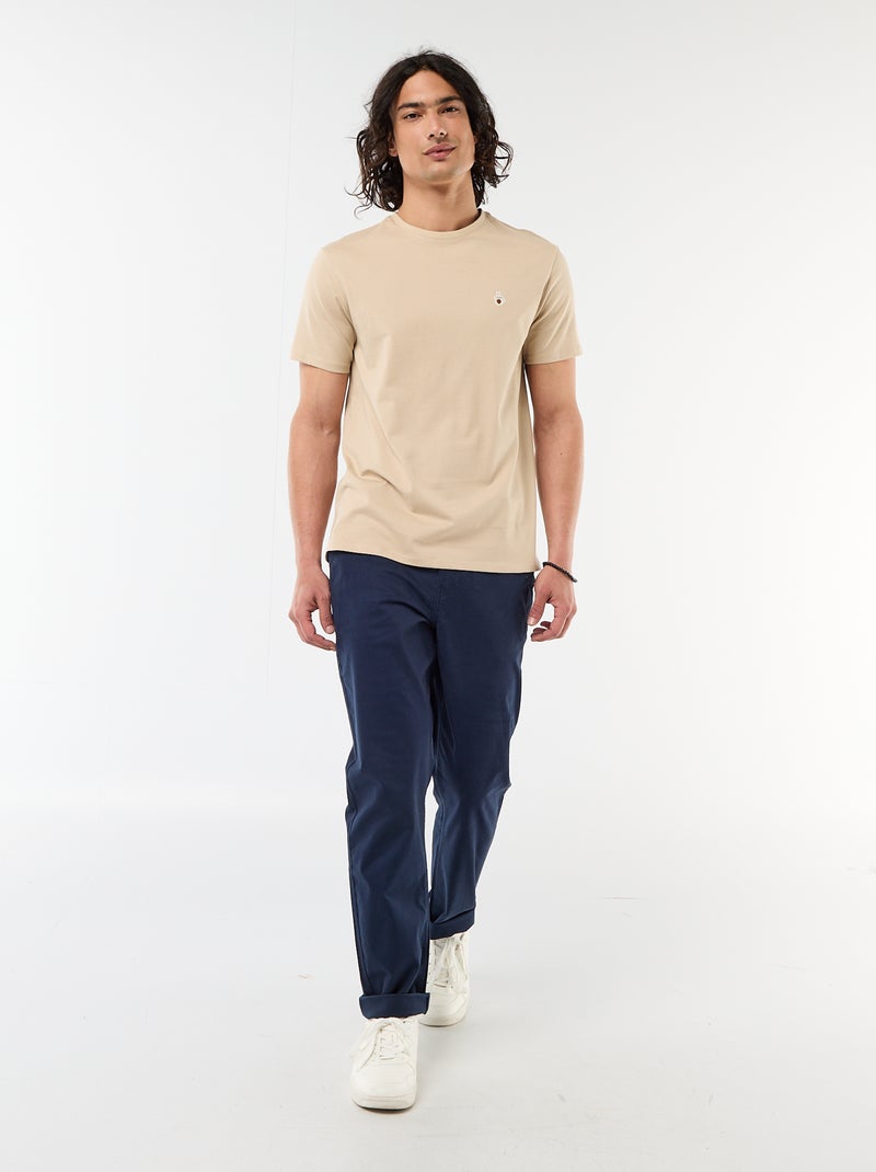 T-shirt liso de manga curta com bordado Bege - Kiabi