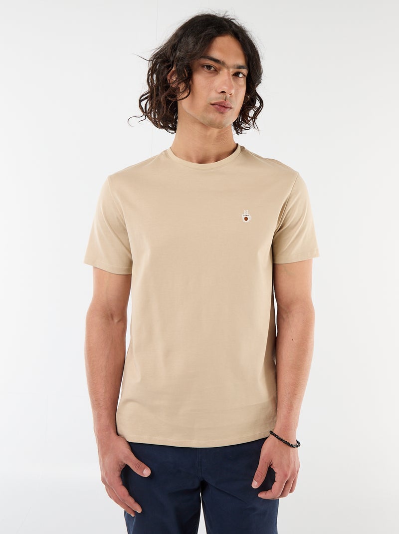 T-shirt liso de manga curta com bordado Bege - Kiabi
