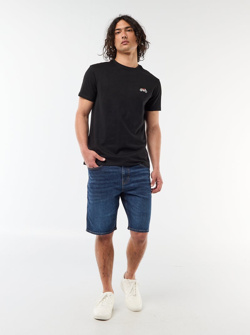 T-shirt liso de manga curta com bordado Preto - Kiabi