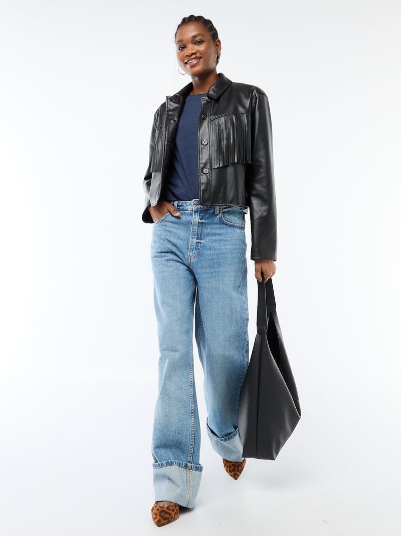 T-shirt liso de manga curta e gola redonda Azul - Kiabi