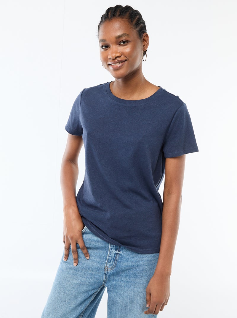 T-shirt liso de manga curta e gola redonda Azul - Kiabi