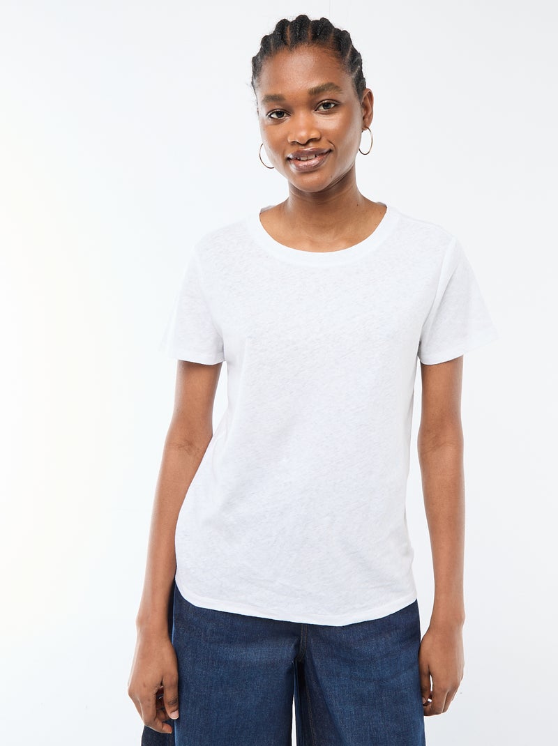 T-shirt liso de manga curta e gola redonda Branco - Kiabi