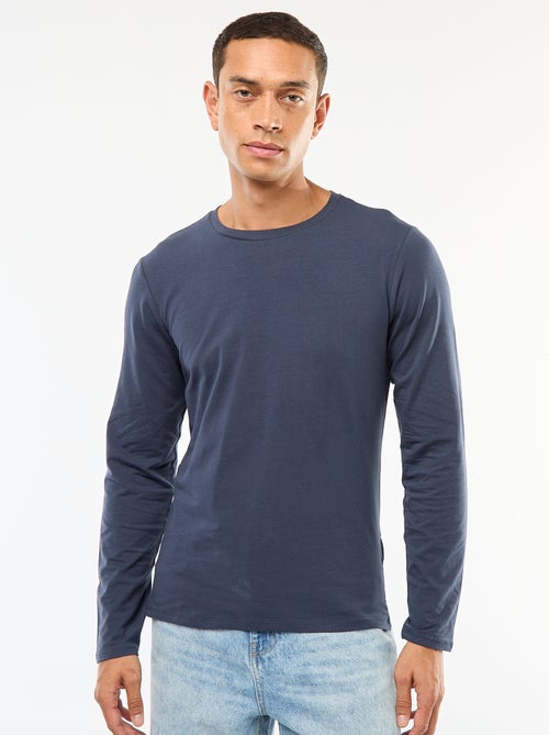 T-shirt liso de mangas compridas e gola redonda - Kiabi