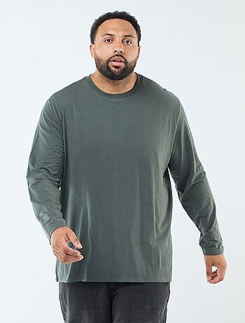 T-shirt liso de manga comprida e gola redonda