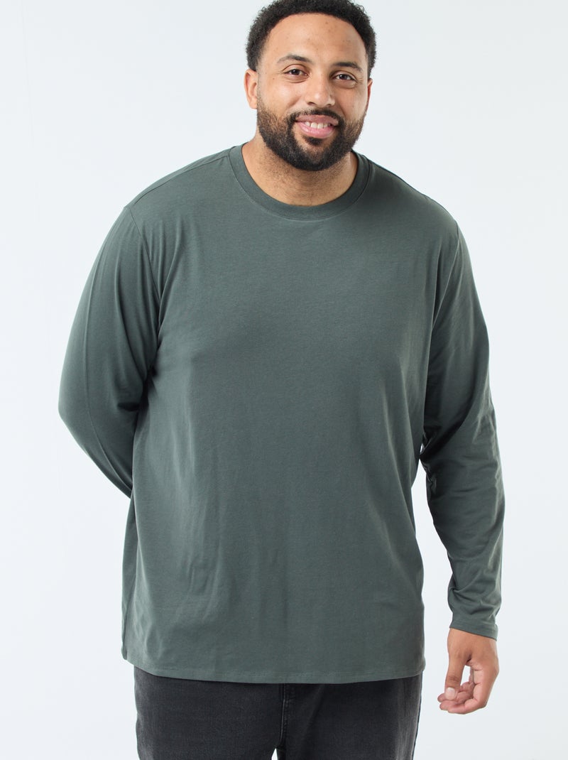 T-shirt liso de mangas compridas e gola redonda Caqui - Kiabi