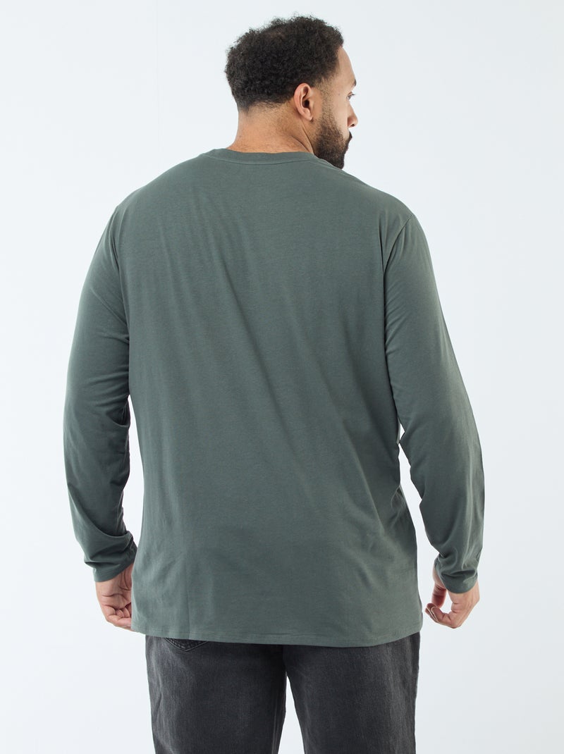 T-shirt liso de mangas compridas e gola redonda Caqui - Kiabi