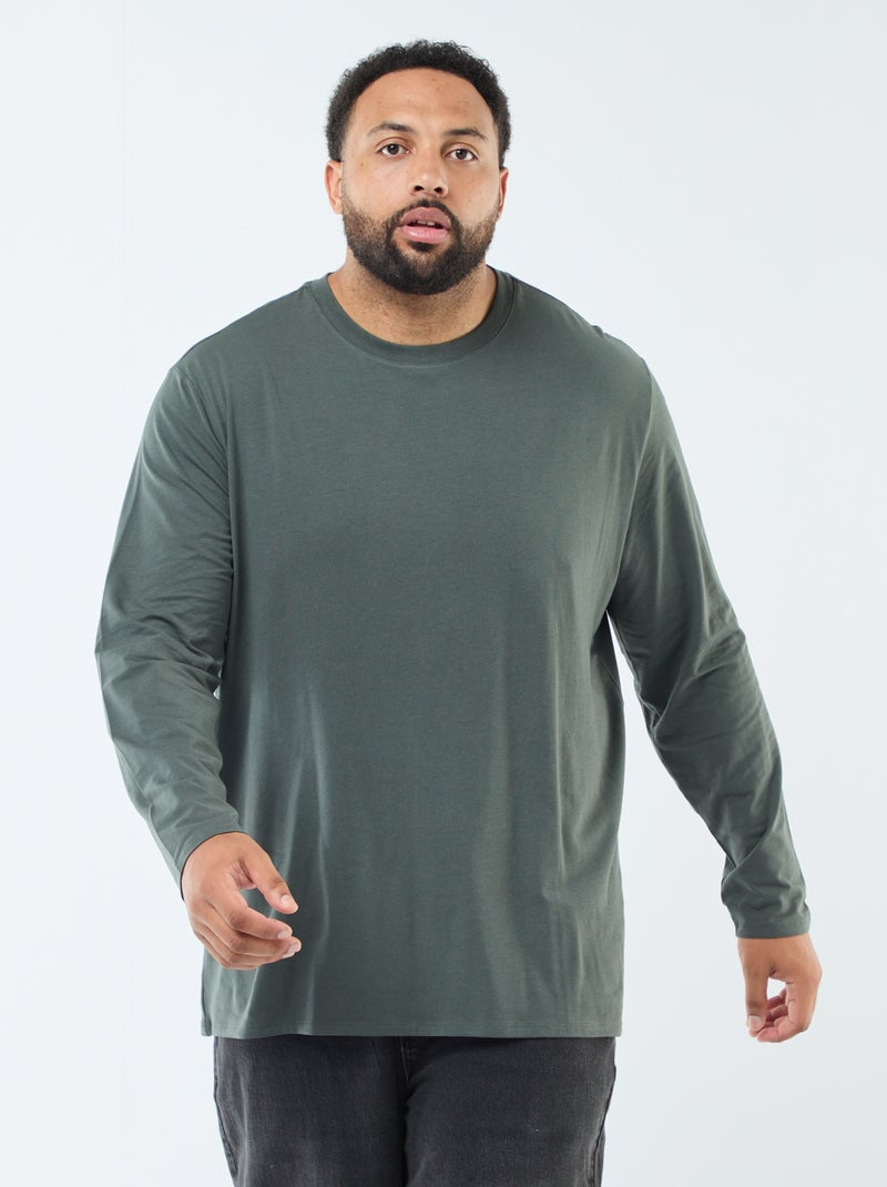 T-shirt liso de mangas compridas e gola redonda Caqui - Kiabi