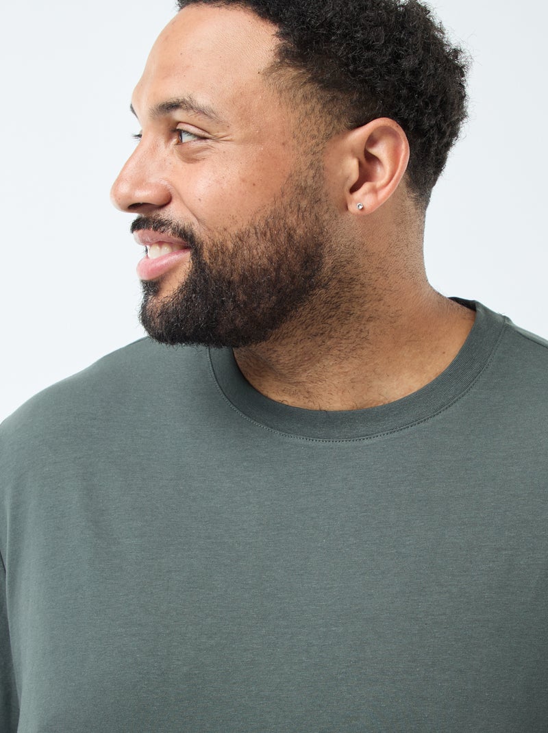 T-shirt liso de mangas compridas e gola redonda Caqui - Kiabi