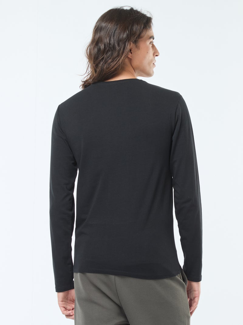 T-shirt liso de mangas compridas e gola redonda Preto - Kiabi