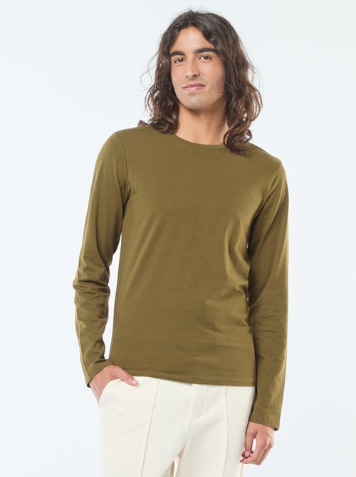 T-shirt liso de mangas compridas e gola redonda - Kiabi