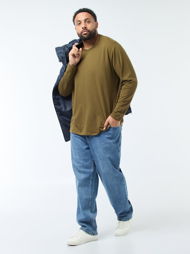 T-shirt liso de mangas compridas e gola redonda Verde - Kiabi