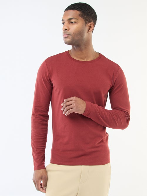 T-shirt liso de mangas compridas e gola redonda - Kiabi