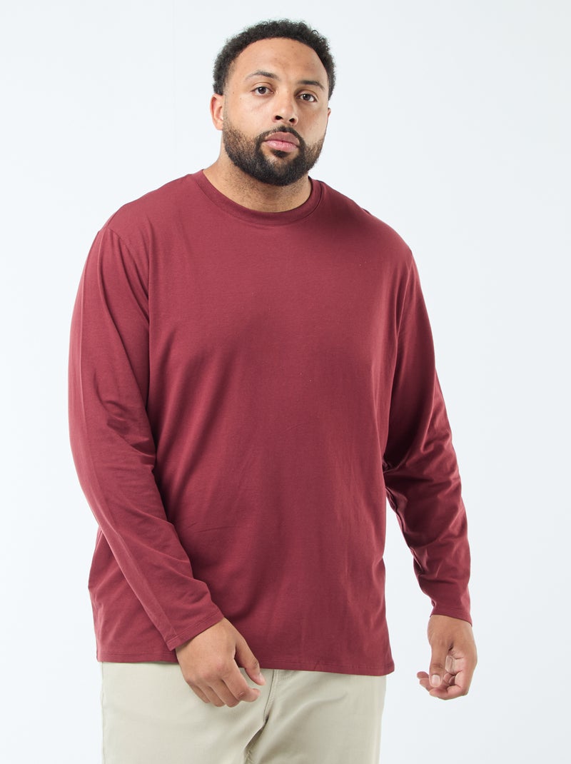 T-shirt liso de mangas compridas e gola redonda Vermelho - Kiabi