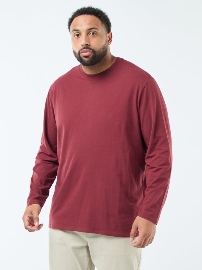 T-shirt liso de mangas compridas e gola redonda Vermelho - Kiabi