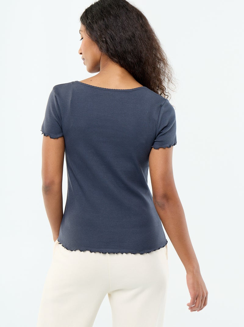 T-shirt liso em malha canelada de manga curta Azul - Kiabi