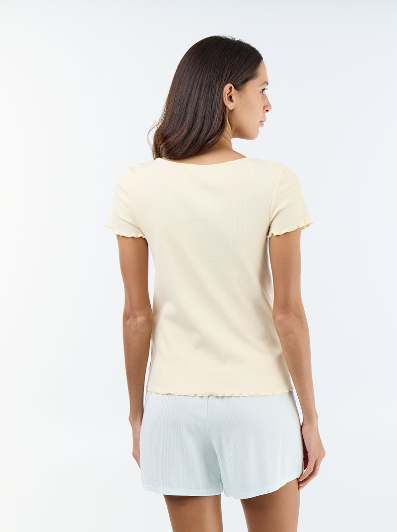 T-shirt liso em malha canelada de manga curta Bege - Kiabi