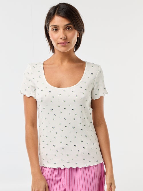 T-shirt liso em malha canelada de manga curta - Kiabi