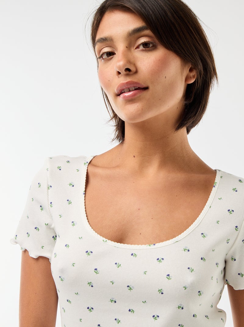 T-shirt liso em malha canelada de manga curta Branco - Kiabi