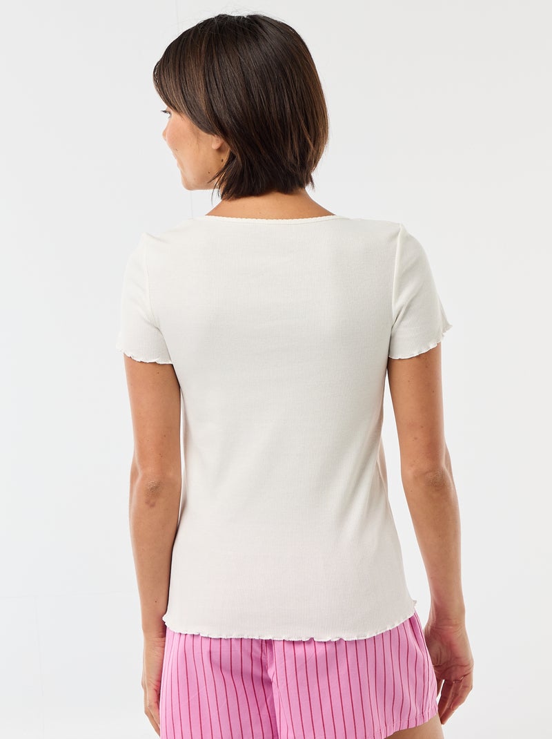 T-shirt liso em malha canelada de manga curta Branco - Kiabi