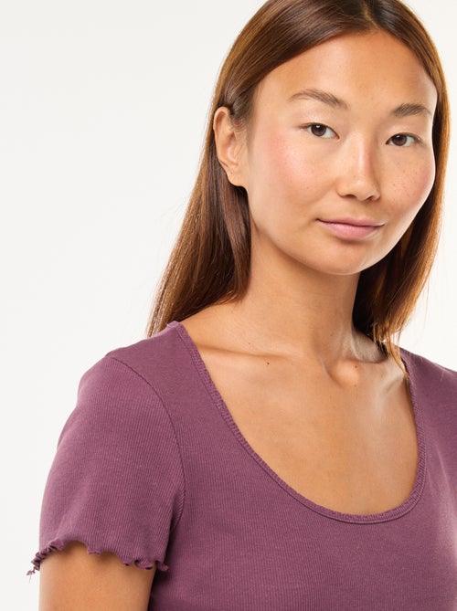 T-shirt liso em malha canelada de manga curta - Kiabi