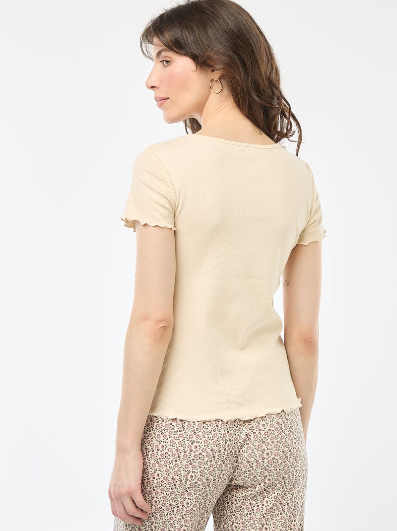 T-shirt liso em malha canelada de mangas curtas Branco - Kiabi