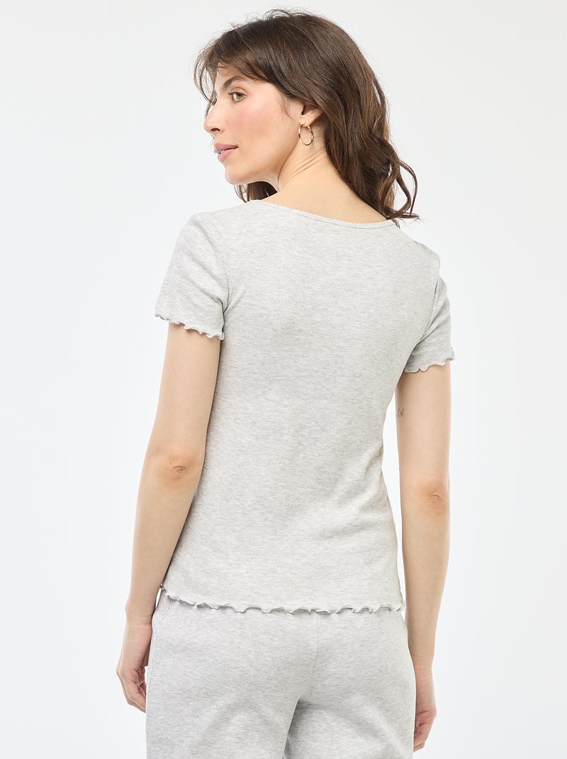 T-shirt liso em malha canelada de mangas curtas Cinza - Kiabi
