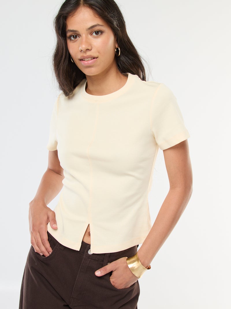 T-shirt liso em malha canelada fina Bege - Kiabi