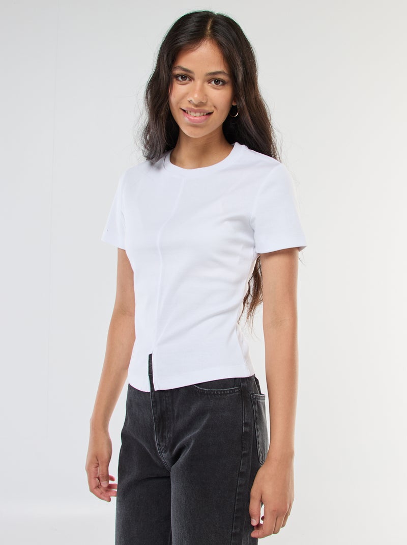 T-shirt liso em malha canelada fina Branco - Kiabi