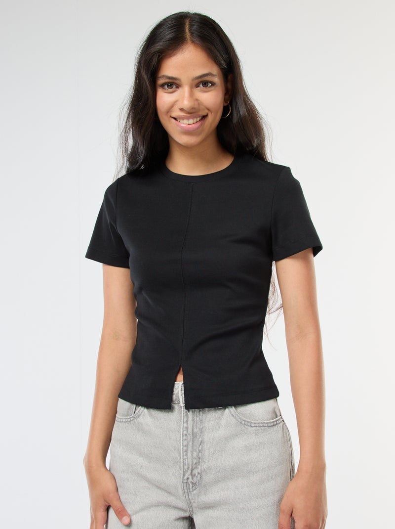 T-shirt liso em malha canelada fina Preto - Kiabi