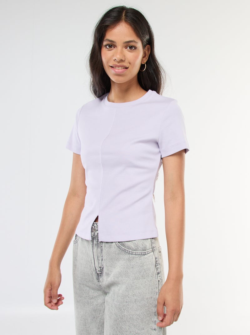 T-shirt liso em malha canelada fina Rosa - Kiabi