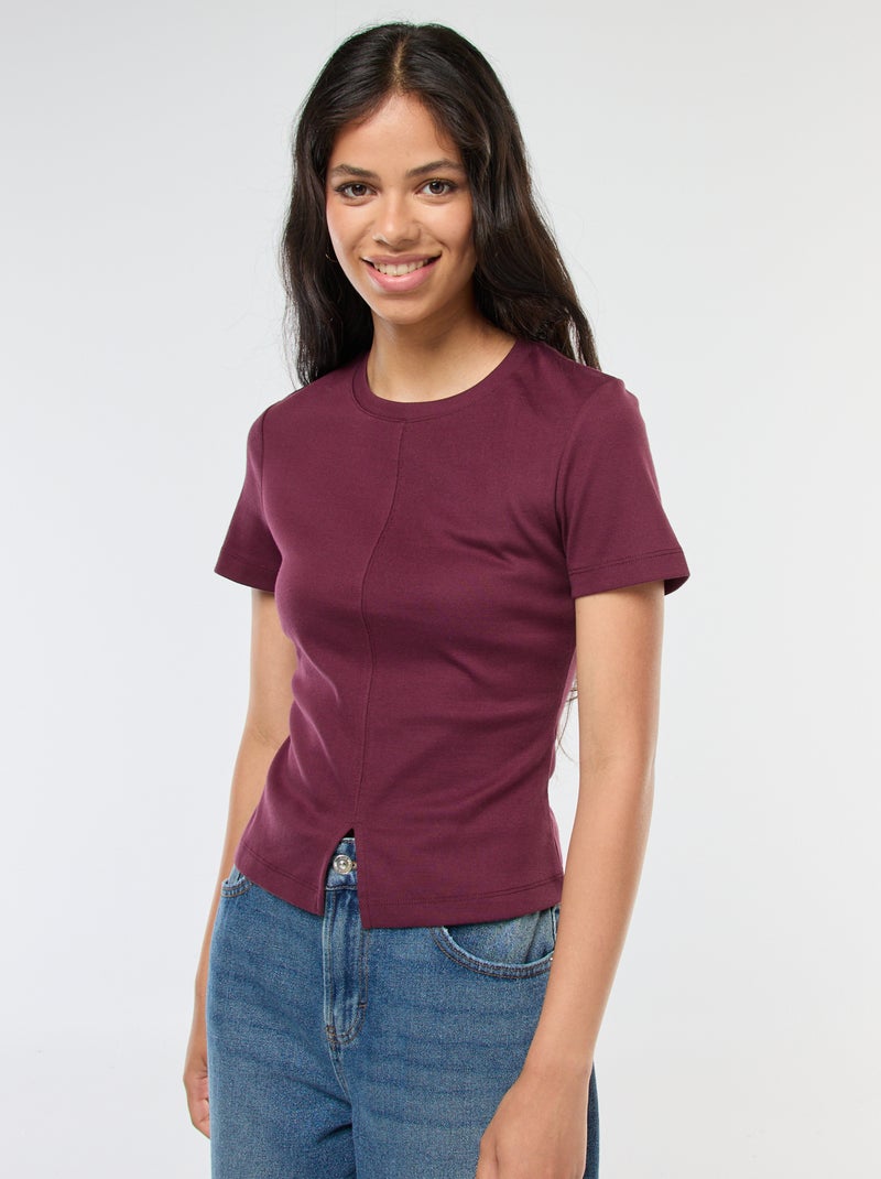T-shirt liso em malha canelada fina Vermelho - Kiabi